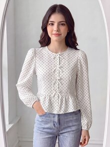 SHEIN 青少年女孩秋季圓領長袖白色襯衫，前胸蝴蝶結裝飾，泡泡長袖，休閒可愛，適合假期、學校、六年級、畢業場合 - 白色 - 查看 1