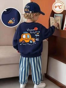SHEIN 2件組 男童休閒運動大學街頭風可愛酷印花衛衣 + 雙色條紋長褲，適合日常穿著、生日、秋季 - 藏蓝色 - 查看 7
