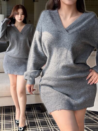 Vibekara Plus Size Women's Grey Floral V-Neck Dropped Shoulder Pure Desire Style Distressed Vintage Knit Sweater Dress, Suitable For Spring/Autumn/Winter/Daily Commute/Outing/Date/Indoor/Outdoor/Back To School/Date Outfit Versatile Grey Floral Knit Sweater Dress