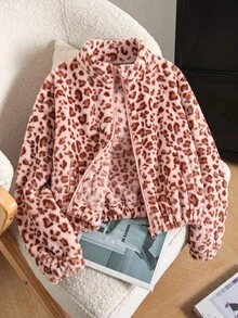SHEIN 女童冬季粉色豹紋抓絨外套，彈性袖口與口袋，加厚抓絨，寬鬆版型，適合室內或戶外公園活動 - 彩色 - 查看 4