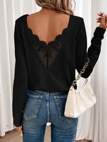 SHEIN Frenchy Lace Spliced Long Sleeve Waffle Fabric T-Shirt Winter Black Casual Spring - Black - View 5