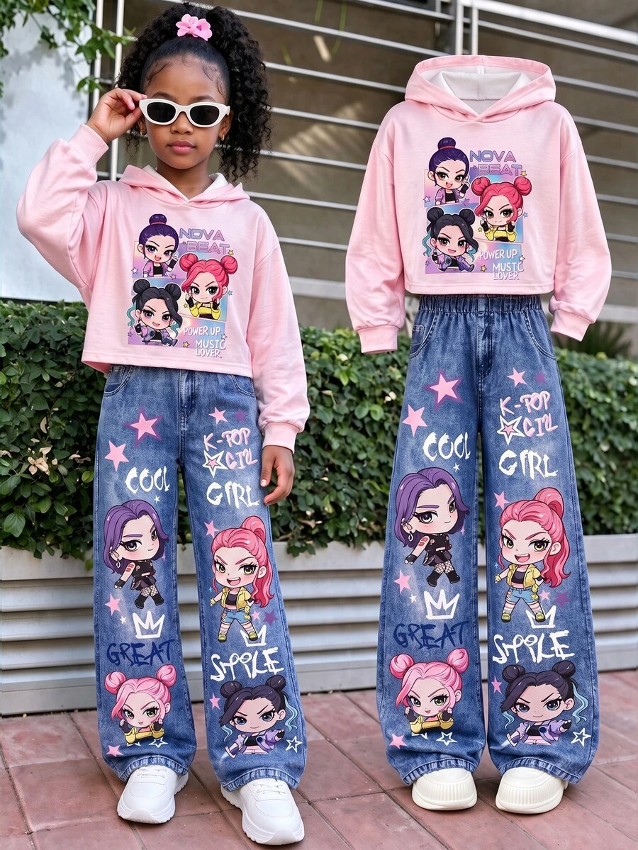 SHEIN Tween Girls Fall Outfits 2pcs/Set Round Neck Casual Cute Cowgirl School Family Matching Graffiti Pattern Hooded Sweatshirt + Purple Blue