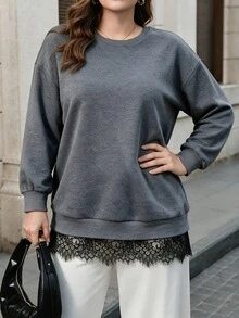 Seusyu Women's New Long Sleeve Lace Patchwork Loose Fit Comfortable Versatile Everyday Plus Size Sweatshirt Top, Autumn/Winter - Grey - View 3
