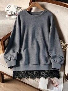 Seusyu Women's New Long Sleeve Lace Patchwork Loose Fit Comfortable Versatile Everyday Plus Size Sweatshirt Top, Autumn/Winter - Grey - View 8