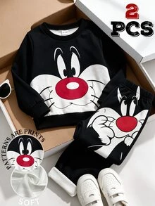 LOONEY TUNES X SHEIN GraphicGems 男童圓領卡通印花黑色運動衫與運動長褲 1 套，秋冬套裝 - 彩色 - 查看 1
