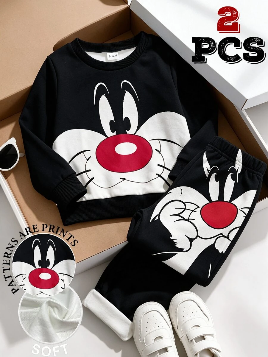 LOONEY TUNES X SHEIN GraphicGems 男童圓領卡通印花黑色運動衫與運動長褲 1 套,秋冬套裝 - 彩色 - 查看 1