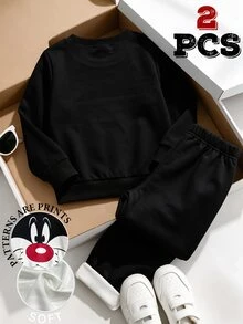 LOONEY TUNES X SHEIN GraphicGems 男童圓領卡通印花黑色運動衫與運動長褲 1 套，秋冬套裝 - 彩色 - 查看 3