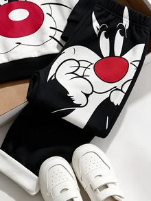LOONEY TUNES X SHEIN GraphicGems 男童圓領卡通印花黑色運動衫與運動長褲 1 套，秋冬套裝 - 彩色 - 查看 5
