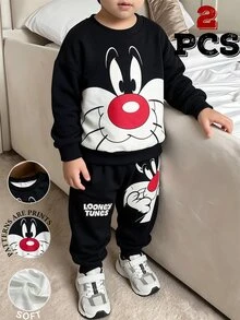LOONEY TUNES X SHEIN GraphicGems 男童圓領卡通印花黑色運動衫與運動長褲 1 套，秋冬套裝 - 彩色 - 查看 2