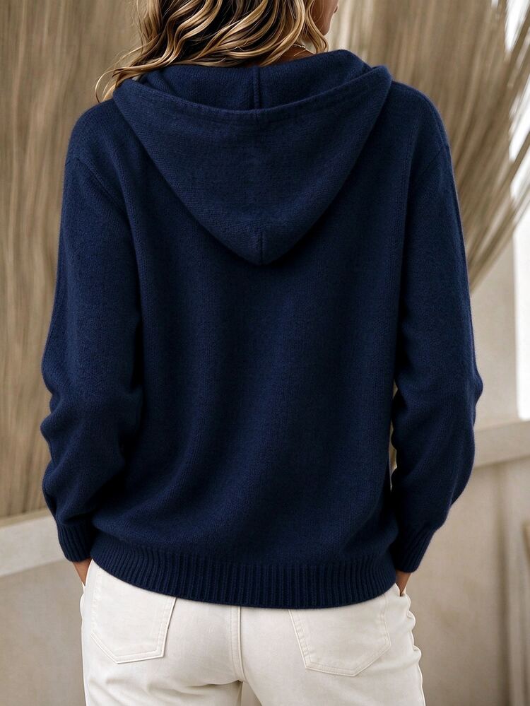 SHEIN Holidaya Women Drawstring Hooded Knit Cardigan, Autumn Button Front Casual Sweater - Navy Blue - View 2