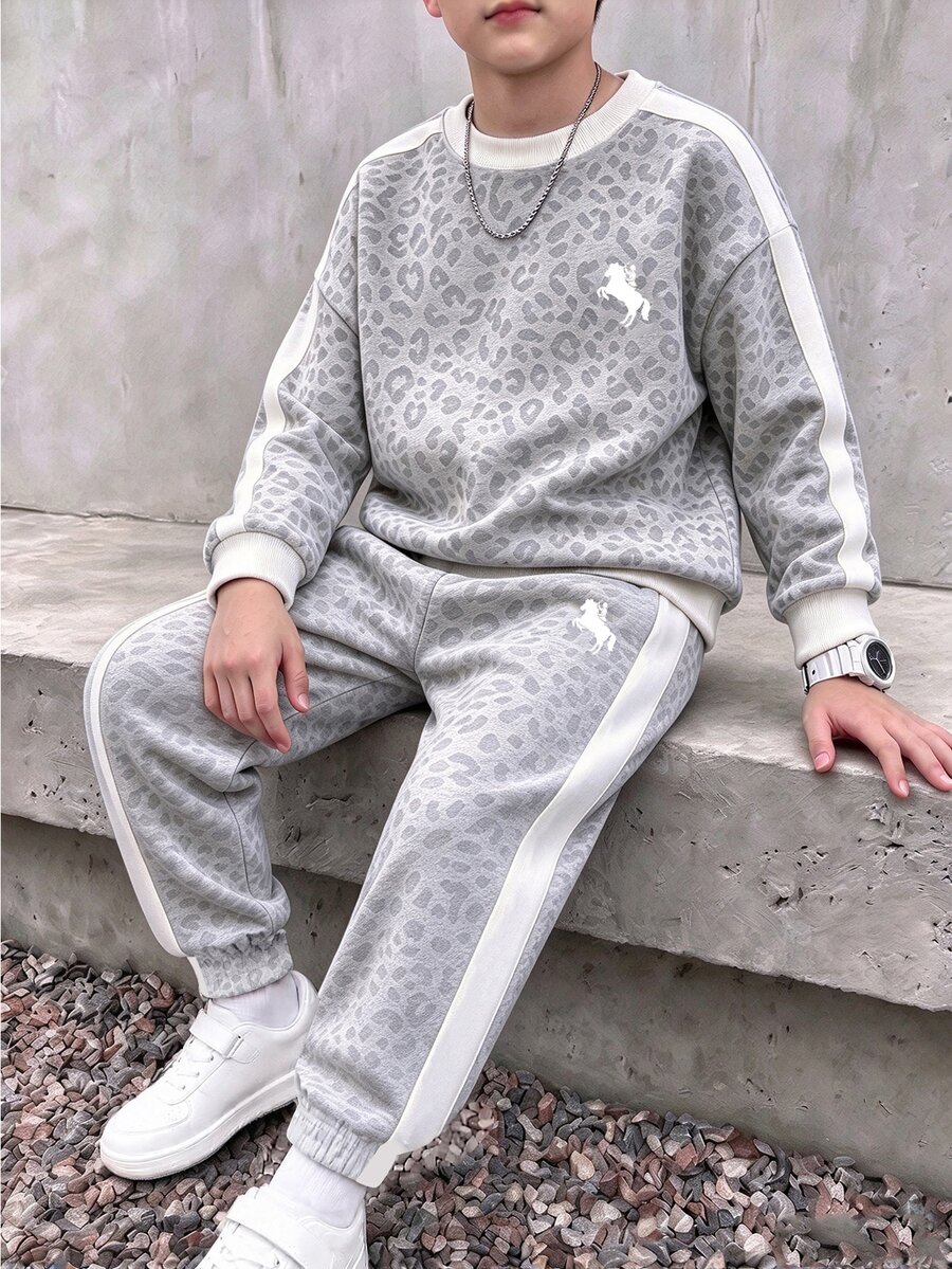 Boys 2pcs Sweatshirt Set, Leopard Print Digital Print, Casual Fashion Comfortable Sweatshirt Outfit, Long Sleeve Top, Outfit, Autumn/Winter Wear - Multicolor - View 1