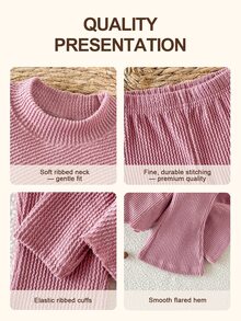 SHEIN Baby Girls' 2 Pieces Outfit, Irregular MockNeck LongSleeve Top With Flared Pants, Ideal For Outdoor Wear In Spring, Autumn And Winter - Pink - View 5