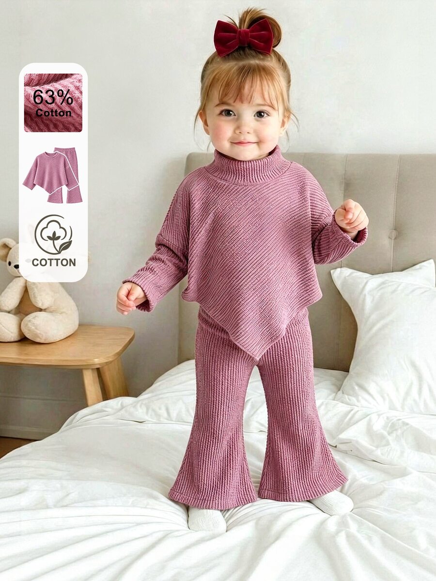 SHEIN Baby Girls' 2 Pieces Outfit, Irregular MockNeck LongSleeve Top With Flared Pants, Ideal For Outdoor Wear In Spring, Autumn And Winter