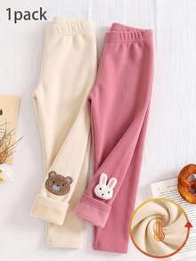 SHEIN Girls' Apricot Thermal Lined Leggings, Soft Comfortable Casual All-Match Style With Bear Embroidery, Versatile For Spring, Autumn And Winter - Multicolor - View 1