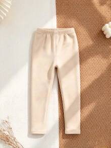 SHEIN Girls' Apricot Thermal Lined Leggings, Soft Comfortable Casual All-Match Style With Bear Embroidery, Versatile For Spring, Autumn And Winter - Multicolor - View 2