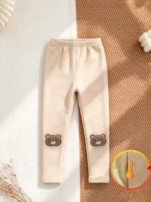 SHEIN Girls' Apricot Thermal Lined Leggings, Soft Comfortable Casual All-Match Style With Bear Embroidery, Versatile For Spring, Autumn And Winter - Multicolor - View 3