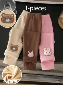 SHEIN Girls' Apricot Thermal Lined Leggings, Soft Comfortable Casual All-Match Style With Bear Embroidery, Versatile For Spring, Autumn And Winter - Multicolor - View 10