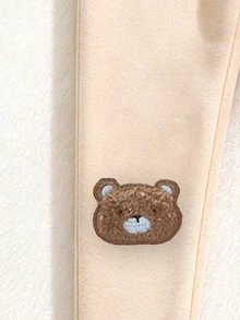 SHEIN Girls' Apricot Thermal Lined Leggings, Soft Comfortable Casual All-Match Style With Bear Embroidery, Versatile For Spring, Autumn And Winter - Multicolor - View 7