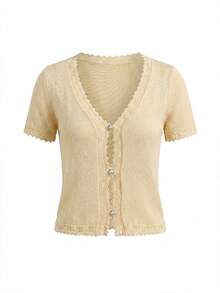 SHEIN LUNE Women's Short Sleeve Single-Breasted Casual Cute French Romantic Elegant Knit Cardigan Tea Party Everyday Light Yellow Summer - Light Yellow - View 6