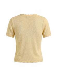 SHEIN LUNE Women's Short Sleeve Single-Breasted Casual Cute French Romantic Elegant Knit Cardigan Tea Party Everyday Light Yellow Summer - Light Yellow - View 3