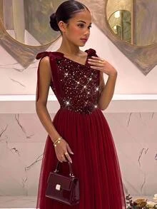 SHEIN Teen Girls Teen Girl Velvet Pearl Minimalist Party Dress - Burgundy - View 4