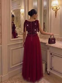 SHEIN Teen Girls Teen Girl Velvet Pearl Minimalist Party Dress - Burgundy - View 2
