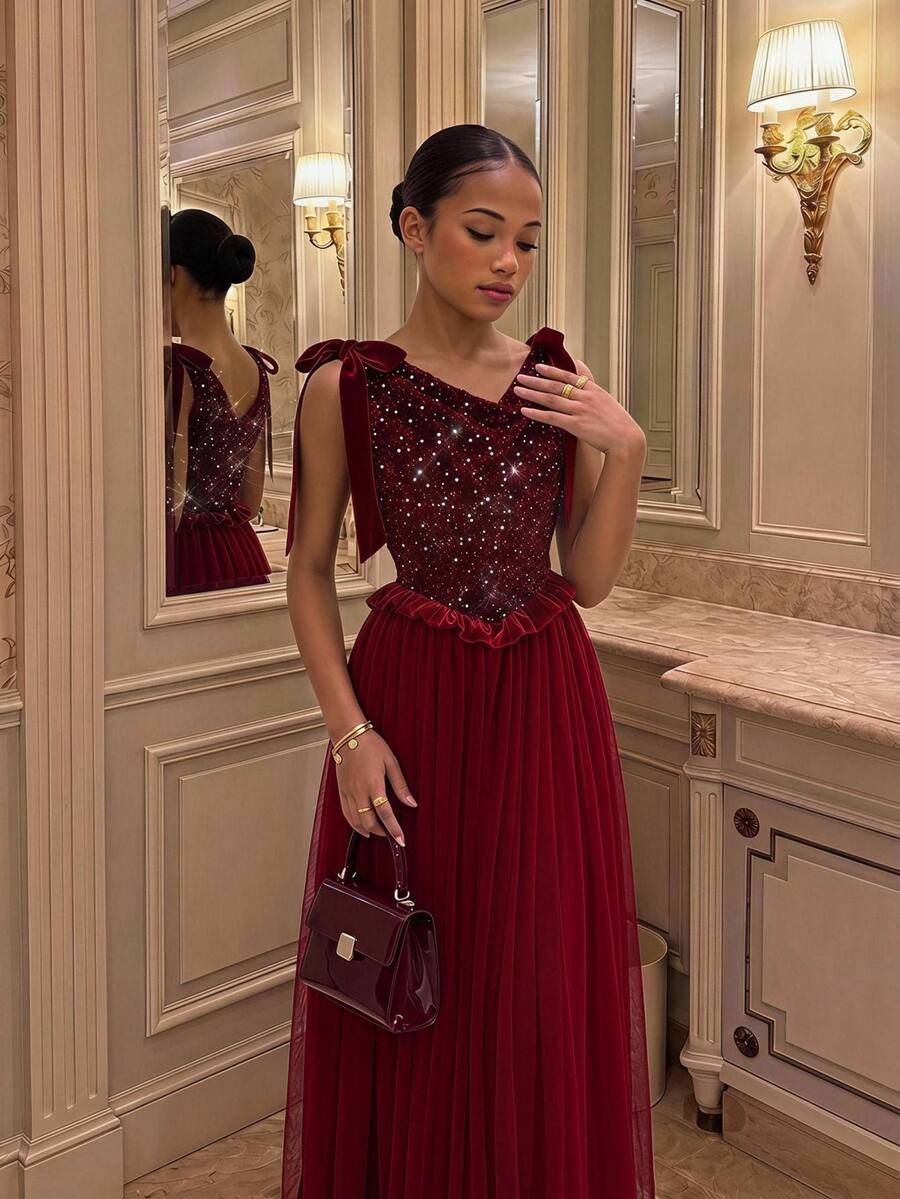 SHEIN Teen Girls Teen Girl Velvet Pearl Minimalist Party Dress - Burgundy - View 1