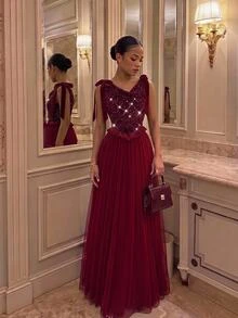 SHEIN Teen Girls Teen Girl Velvet Pearl Minimalist Party Dress - Burgundy - View 5