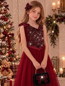 SHEIN Teen Girls Teen Girl Velvet Pearl Minimalist Party Dress - Burgundy - View 3