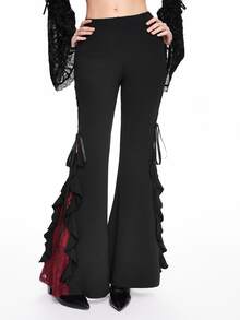 ROMWE Goth Women Retro Gorgeous "Daydreamer" Ruffle Trim Colorblock Lace Tie Flared Pants - Black - View 4