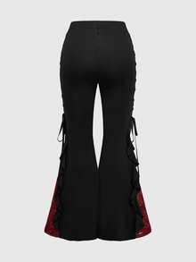 ROMWE Goth Women Retro Gorgeous "Daydreamer" Ruffle Trim Colorblock Lace Tie Flared Pants - Black - View 7