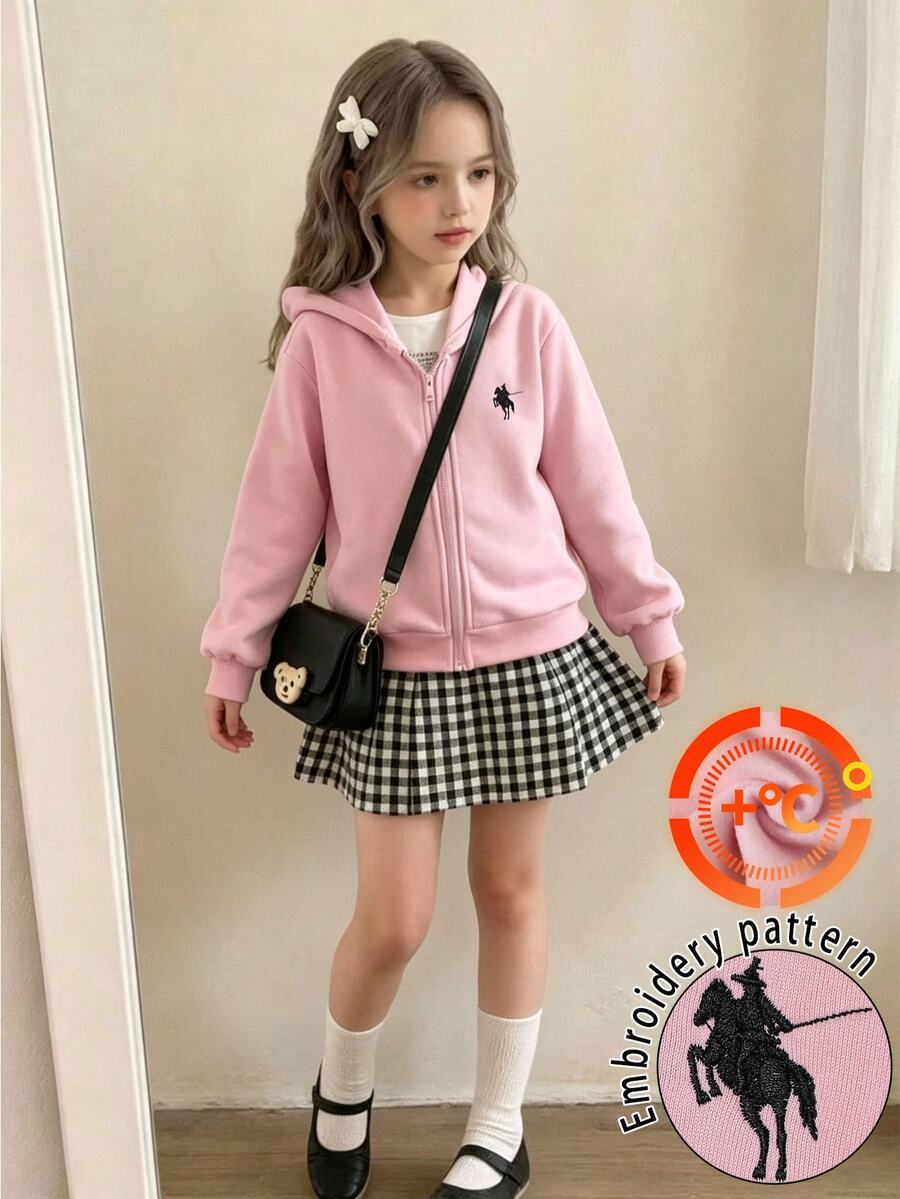 SHEIN 女童粉色連帽拉鍊運動外套，適合秋冬，騎士馬刺繡寬鬆開襟開襟衫，可愛休閒百搭上衣