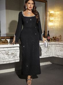 SHEIN Clasi Vestido elegante de fiesta con bordados y aplicaciones para tallas grandes - Negro - Ver 4
