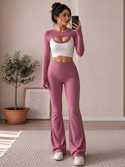 Eassivo Eassivo Women's Solid Color Round Neck Long Sleeve Cropped Top With 2 In 1 Tank Top And Flare Pants Stage Dance Sports Set