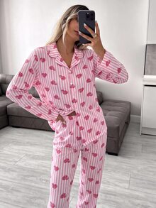 SHEIN White And Pink Striped Heart Print Button Front Long Sleeve Lapel Collar Pajama Set Lounge Sleep Cute Cottagecore Home - Pink - View 8