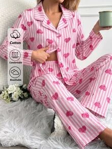 SHEIN White And Pink Striped Heart Print Button Front Long Sleeve Lapel Collar Pajama Set Lounge Sleep Cute Cottagecore Home - Pink - View 2