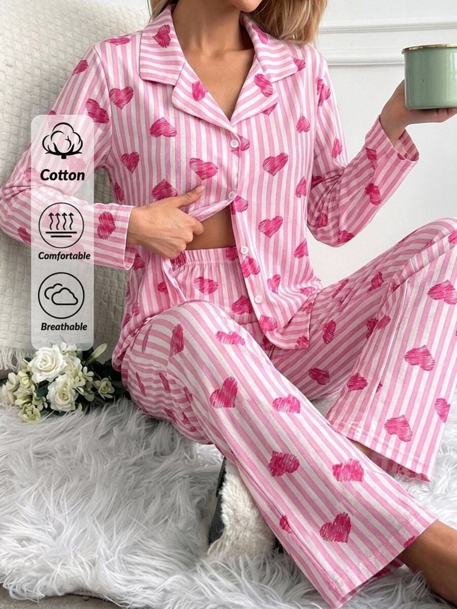 SHEIN White And Pink Striped Heart Print Button Front Long Sleeve Lapel Collar Pajama Set Lounge Sleep Cute Cottagecore Home