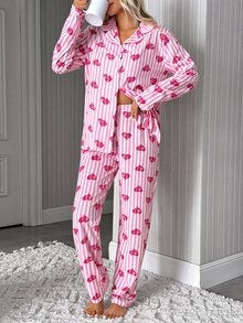 SHEIN White And Pink Striped Heart Print Button Front Long Sleeve Lapel Collar Pajama Set Lounge Sleep Cute Cottagecore Home - Pink - View 5