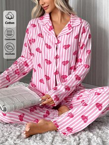 SHEIN White And Pink Striped Heart Print Button Front Long Sleeve Lapel Collar Pajama Set Lounge Sleep Cute Cottagecore Home - Pink - View 4