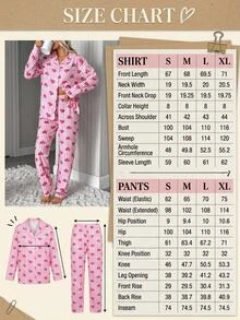 SHEIN White And Pink Striped Heart Print Button Front Long Sleeve Lapel Collar Pajama Set Lounge Sleep Cute Cottagecore Home - Pink - View 6