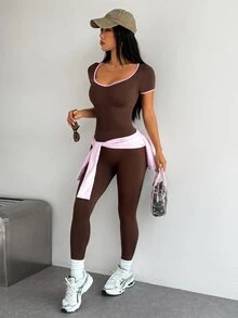 Dewbera Dewbera 1pc Coffee Brown Pink Contrast Trim Ribbed Sports Jumpsuit, V Neck Short Sleeve, Butt Lifting Slim Fit, Suitable For Yoga Fitness Daily Summer - Coffee Brown - View 6