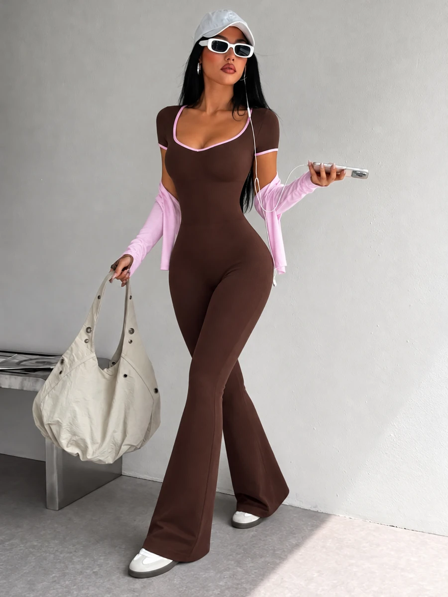 Dewbera Dewbera 1pc Coffee Brown Pink Contrast Trim Ribbed Sports Jumpsuit, V Neck Short Sleeve, Butt Lifting Slim Fit, Suitable For Yoga Fitness Daily Summer - Coffee Brown - View 1