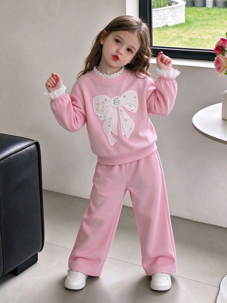 SHEIN Young Girls Bow Embroidered 2pcs Set Navy Blue Faux Layered Striped Collar Long Sleeve Sweatshirt Wide Leg Pants Outfit Back-To-School Baby Fall - Pink - View 1