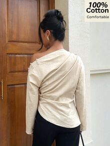 Siren Gaze Women's New Fall/ Pure Cotton Asymmetric Shoulder Blouse Brunch Going Out Beige Elegant French - Apricot - View 2