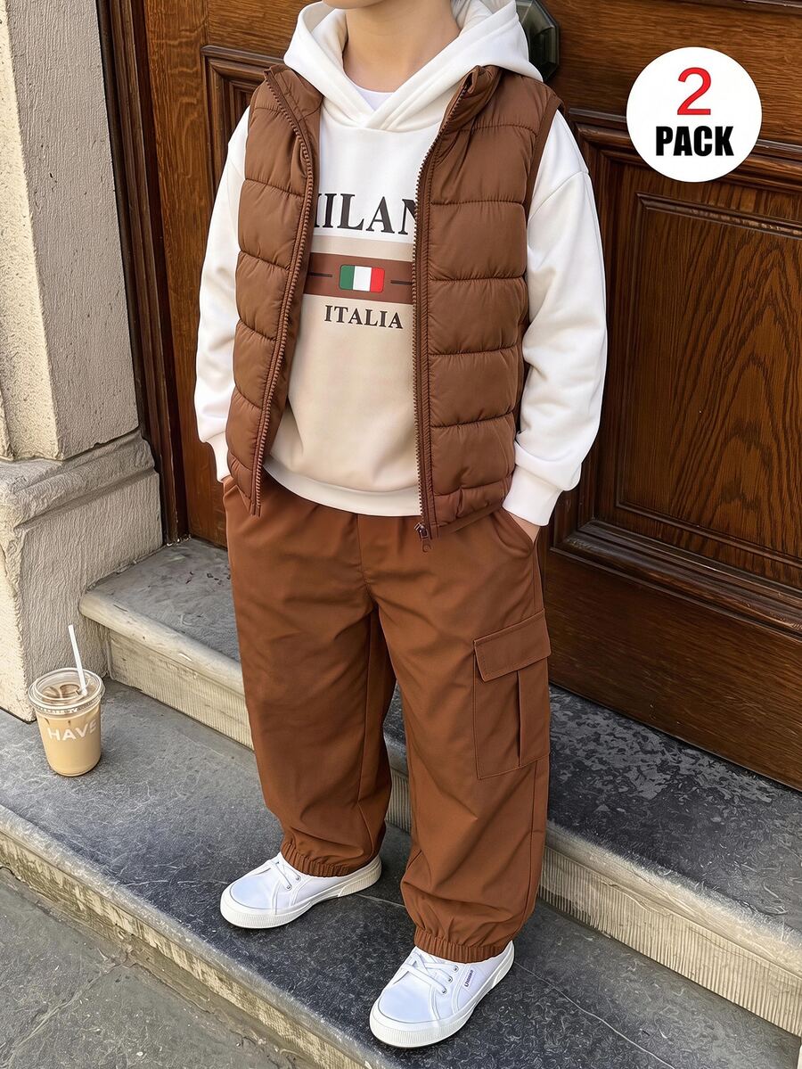 SHEIN 2件組兒童青少年男孩休閒日常百搭舒適條紋印花連帽衛衣與純色寬鬆工裝褲針織套裝，適合學校、居家、日常穿著、運動，簡約百搭風格，適合春夏
