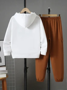 SHEIN 2件組兒童青少年男孩休閒日常百搭舒適條紋印花連帽衛衣與純色寬鬆工裝褲針織套裝，適合學校、居家、日常穿著、運動，簡約百搭風格，適合春夏 - 白色 - 查看 6