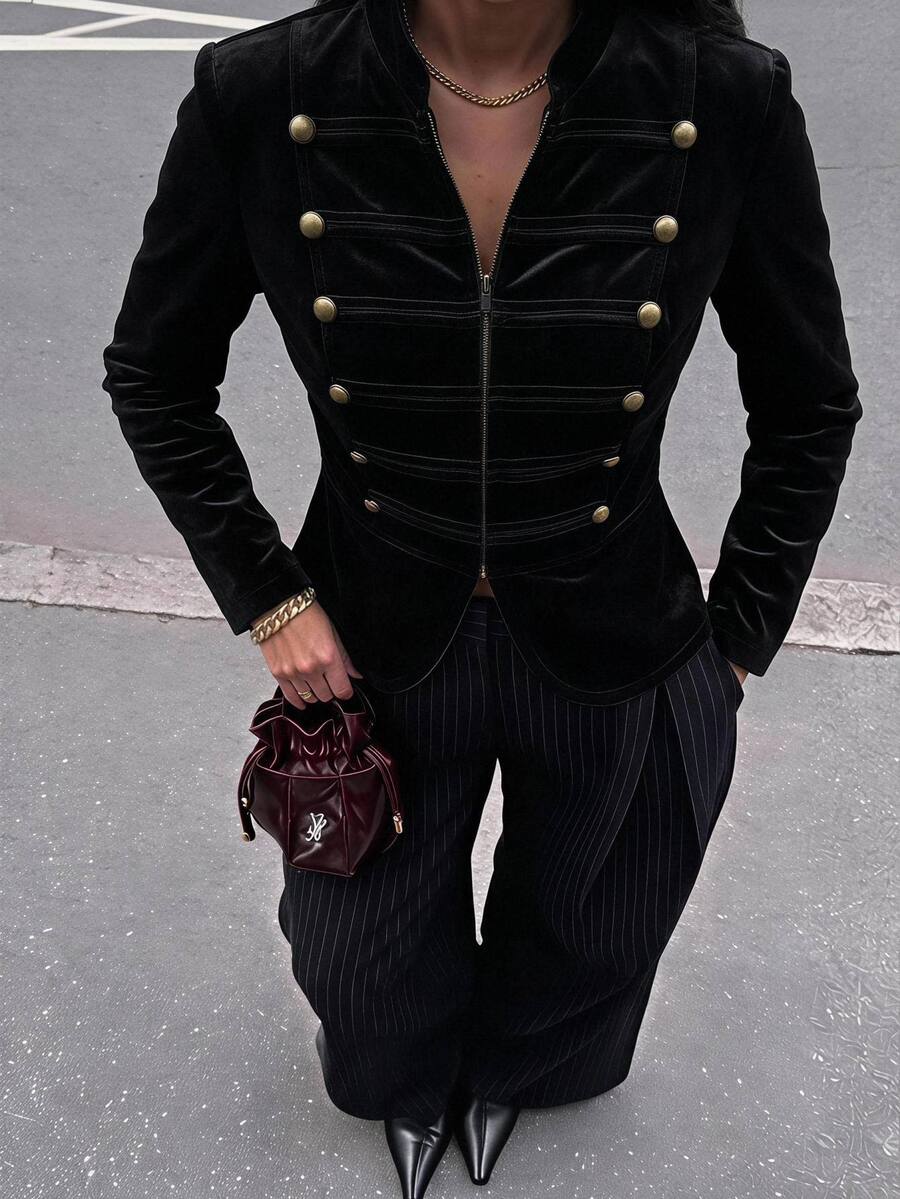 SHEIN LUNE Plus Size Women's Black Blazer Jacket, Fall, Semi-High Collar, Zipper Front Opening, Napoleon Metal Button Decor, Slimming Waist, Casual