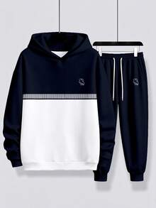 NEOREFINED Men's Vintage Sports Style Colorblock & Striped Noble Horse Logo Silhouette Hoodie Sweatshirt Set - Multicolor - View 3