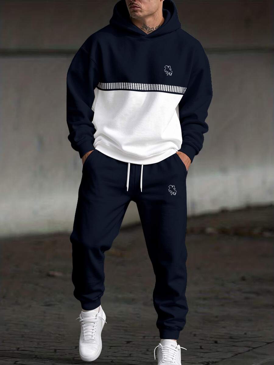 NEOREFINED Men's Vintage Sports Style Colorblock & Striped Noble Horse Logo Silhouette Hoodie Sweatshirt Set - Multicolor - View 1