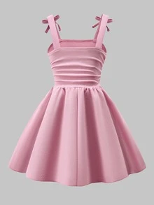 SHEIN 少女優雅牛仔風粉色3D蝴蝶結荷葉邊肩帶仙女洋裝，適合夏季7歲生日派對、嬰兒洗禮、場合穿著、雞尾酒會、休閒出遊 - 粉色 - 查看 3